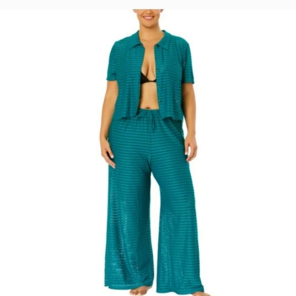 Hurley Women's S Wide Leg Mesh Swim Cover Up Pant + Button Up Top Set Green NWT